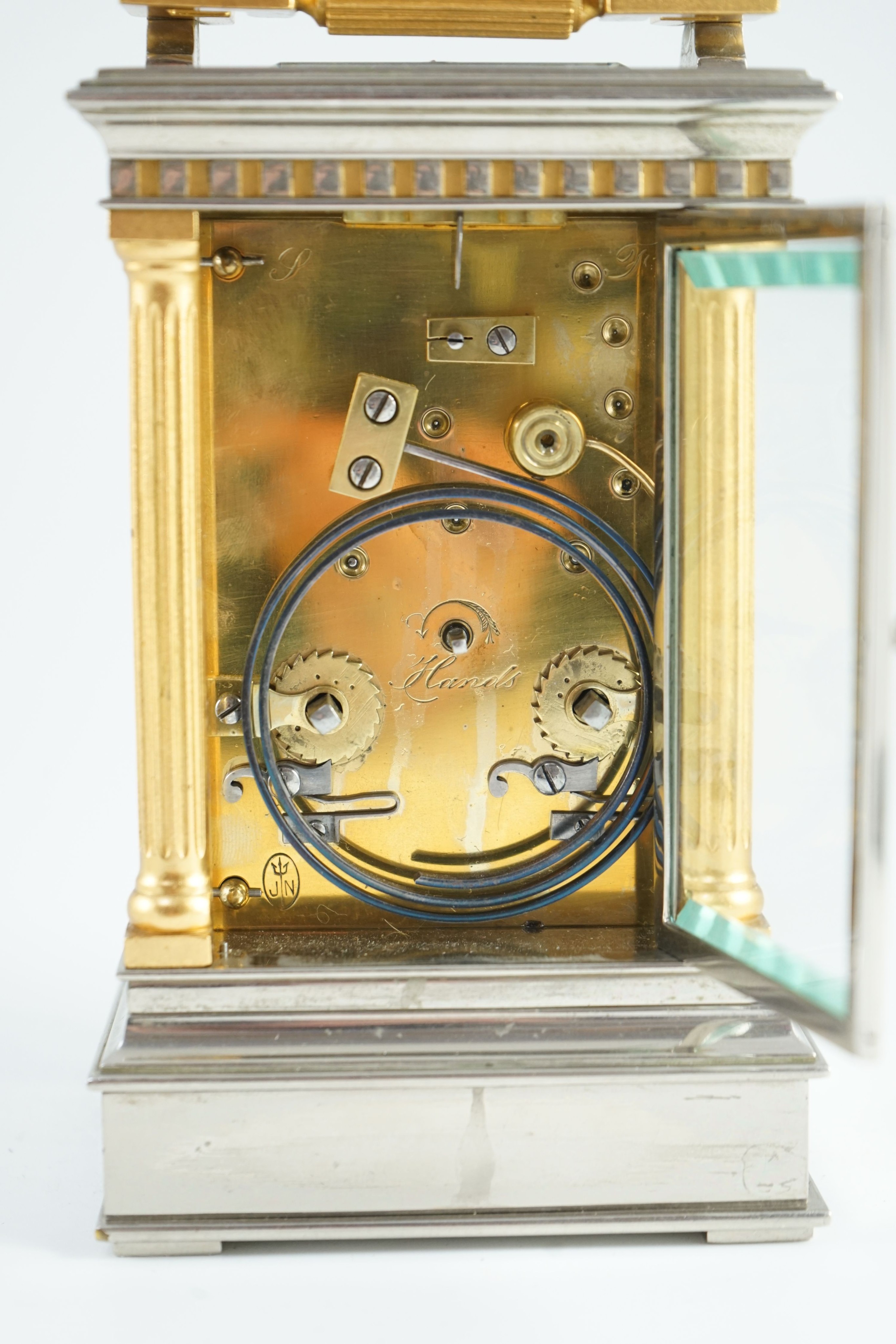 A late 19th century French hour repeating silvered and gilt brass carriage clock, width 10cm, depth 9cm, height 17.5cm